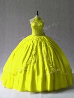 Super Yellow Green Ball Gowns Halter Top Sleeveless Tulle Floor Length Lace Up Appliques Ball Gown Prom Dress(SKU PSSW1039-2BIZ)