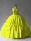 Super Yellow Green Ball Gowns Halter Top Sleeveless Tulle Floor Length Lace Up Appliques Ball Gown Prom Dress
