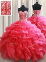 Sumptuous Coral Red 15th Birthday Dress Military Ball and Sweet 16 and Quinceanera with Beading and Ruffles Sweetheart Sleeveless Lace Up