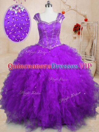 Floor Length Lace Up Quinceanera Gown Purple for Military Ball and Sweet 16 and Quinceanera with Beading and Ruffles