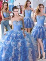 Four Piece Ball Gowns 15th Birthday Dress Blue And White Sweetheart Organza Sleeveless Floor Length Lace Up