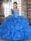 Sleeveless Organza Floor Length Lace Up Sweet 16 Dresses in Blue with Beading and Ruffles