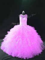 Cute Lilac Lace Up 15th Birthday Dress Beading and Ruffles Sleeveless Floor Length