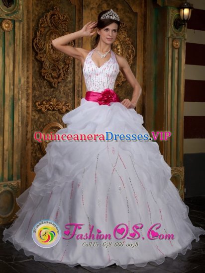 Georgetown Delaware/ DE A-line White Halter Beaded Decorate Bust and Contrasting Sash Quinceanera Dress With Pick-ups Organza Floor-length - Click Image to Close