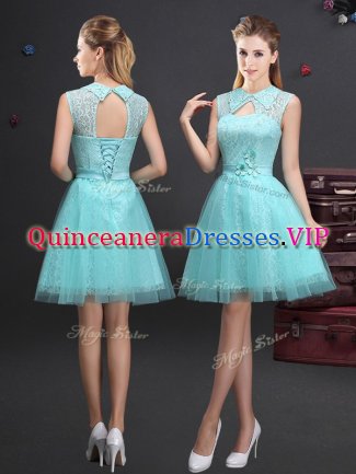 Superior Aqua Blue A-line Lace and Appliques and Belt Court Dresses for Sweet 16 Lace Up Tulle Sleeveless Mini Length