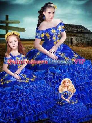 Royal Blue Sleeveless Floor Length Embroidery and Ruffles Lace Up Sweet 16 Dress