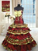 Dazzling Appliques and Embroidery and Ruffled Layers and Bowknot 15 Quinceanera Dress Wine Red Lace Up Sleeveless Sweep Train