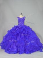 Scoop Sleeveless Brush Train Lace Up Sweet 16 Dress Blue Organza
