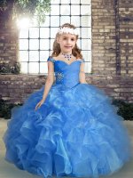 Blue Lace Up Straps Beading and Ruching Pageant Dress for Teens Organza Sleeveless
