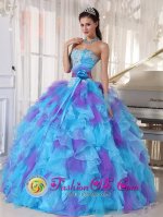 Clarks Summit Pennsylvania/PA Baby Blue and Purple Appliques Decorate Up Bodice Ruffles Hand Made Flower For Quinceanera Dress