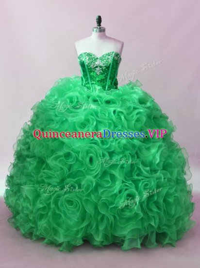 Cute Green Fabric With Rolling Flowers Lace Up Quince Ball Gowns Sleeveless Floor Length Sequins - Click Image to Close