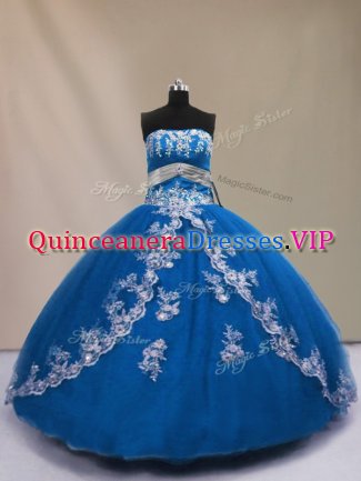 Sleeveless Floor Length Appliques Lace Up Quinceanera Gown with Blue