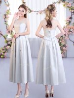 Luxurious Silver Satin Lace Up Damas Dress Sleeveless Tea Length Appliques