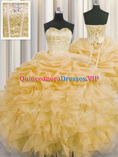 Pretty Visible Boning Floor Length Lace Up Quinceanera Gowns Gold for Military Ball and Sweet 16 and Quinceanera with Beading and Ruffles and Pick Ups - Click Image to Close