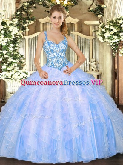 Exquisite Baby Blue Ball Gowns Straps Sleeveless Organza Floor Length Lace Up Beading and Ruffles Quinceanera Dresses - Click Image to Close