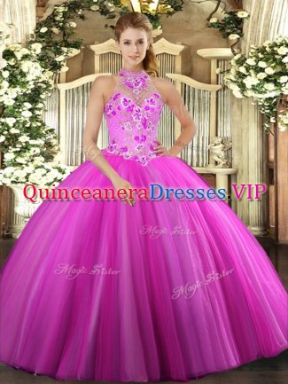 Fuchsia Ball Gowns Tulle Halter Top Sleeveless Embroidery Floor Length Lace Up 15 Quinceanera Dress