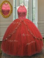 Shining Wine Red Sweet 16 Quinceanera Dress Military Ball and Sweet 16 and Quinceanera with Beading and Appliques Halter Top Sleeveless Lace Up