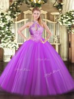 High Class Floor Length Purple Quinceanera Gown Tulle Sleeveless Sequins