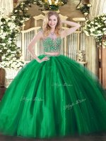 Green Military Ball Gown Military Ball and Sweet 16 and Quinceanera with Beading Scoop Sleeveless Lace Up