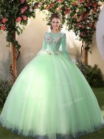 Scoop Long Sleeves Floor Length Lace Up Sweet 16 Dresses Apple Green for Military Ball and Sweet 16 and Quinceanera with Appliques