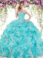 Sweetheart Sleeveless 15 Quinceanera Dress Floor Length Beading and Ruffles Blue And White Organza