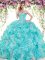 Sweetheart Sleeveless 15 Quinceanera Dress Floor Length Beading and Ruffles Blue And White Organza