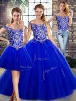 Modern Royal Blue Lace Up Off The Shoulder Beading Sweet 16 Dress Tulle Sleeveless
