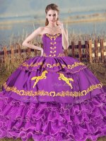 Clearance Purple Sleeveless Embroidery and Ruffled Layers Lace Up Quinceanera Gowns