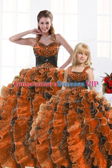 Low Price Orange Ball Gowns Organza Sweetheart Sleeveless Beading and Appliques and Ruffles Floor Length Lace Up Vestidos de Quinceanera - Click Image to Close