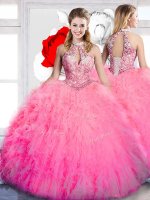 Comfortable Halter Top Hot Pink Sleeveless Beading and Ruffles Floor Length Sweet 16 Dress