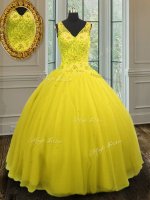Tulle V-neck Sleeveless Zipper Beading Sweet 16 Quinceanera Dress in Yellow