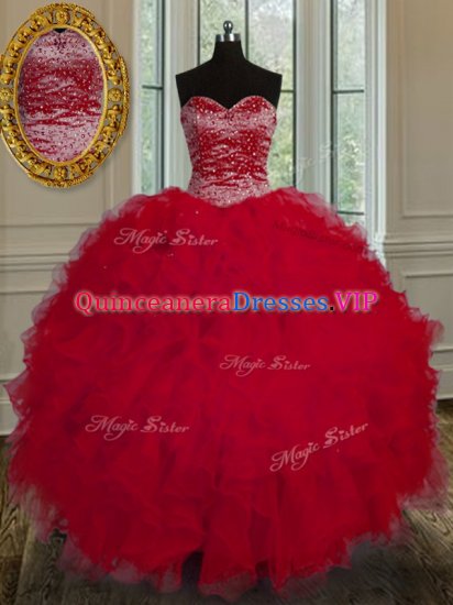 Glamorous Red Sweetheart Neckline Beading and Ruffles Quinceanera Gown Sleeveless Lace Up - Click Image to Close