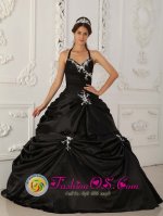 New Castle Delaware/ DE Black Princess Appliques Ruched Bodice Quinceanera Dress With Halter Neckline Taffeta