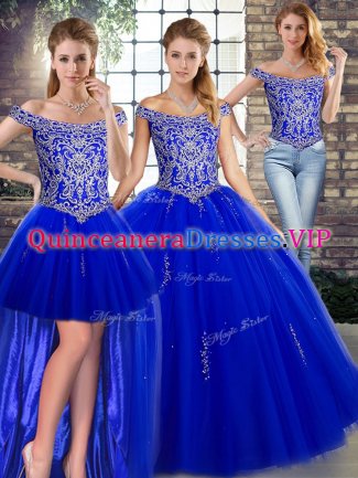 Noble Royal Blue Lace Up Off The Shoulder Beading Sweet 16 Dress Tulle Sleeveless