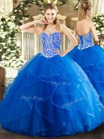 Beautiful Sweetheart Sleeveless Quinceanera Gowns Floor Length Beading and Ruffles Blue Tulle
