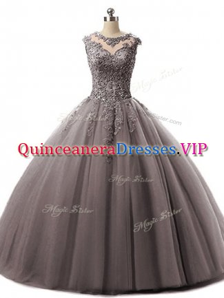 Latest Brown Sleeveless Tulle Lace Up Quinceanera Dress for Military Ball and Sweet 16 and Quinceanera