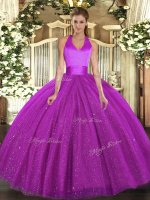 Fuchsia Lace Up Halter Top Sequins 15 Quinceanera Dress Tulle Sleeveless