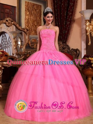 Modesto California/CA Customize Rose Pink Exquisite Appliques Beaded Quinceanera Dress With Strapless Tulle