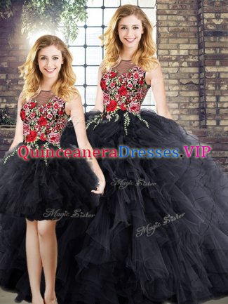 Sweet Scoop Sleeveless Zipper Embroidery and Ruffles Sweet 16 Quinceanera Dress in Black