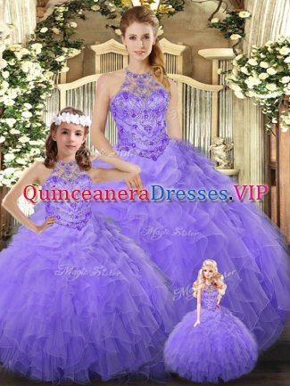 Glorious Lavender Halter Top Lace Up Beading and Ruffles Vestidos de Quinceanera Sleeveless