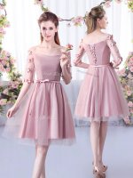 Pink Lace Up Off The Shoulder Belt Quinceanera Court of Honor Dress Tulle Half Sleeves(SKU BMT0400BBIZ)