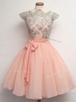Peach A-line Scalloped Cap Sleeves Chiffon Knee Length Zipper Lace and Belt Quinceanera Court Dresses