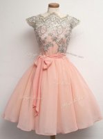 Peach A-line Scalloped Cap Sleeves Chiffon Knee Length Zipper Lace and Belt Quinceanera Court Dresses(SKU SWBD148BIZ)