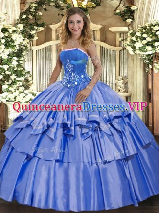 Custom Made Blue Vestidos de Quinceanera Military Ball and Sweet 16 and Quinceanera with Beading and Ruffled Layers Strapless Sleeveless Lace Up
