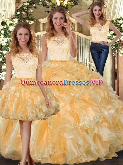 Floor Length Three Pieces Sleeveless Gold Quince Ball Gowns Clasp Handle - Click Image to Close