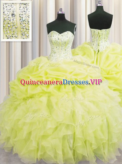 Visible Boning Sweetheart Sleeveless Lace Up Quinceanera Dresses Yellow Organza - Click Image to Close