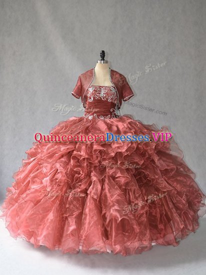 Red Lace Up Strapless Beading and Ruffles Quinceanera Dresses Sleeveless - Click Image to Close