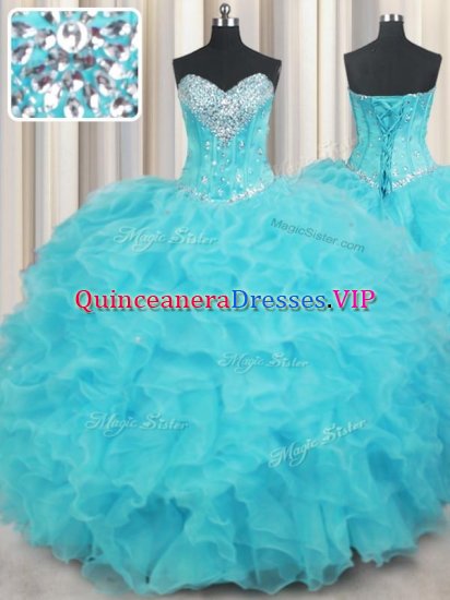 Custom Fit Aqua Blue Organza Lace Up Sweetheart Sleeveless Floor Length Sweet 16 Quinceanera Dress Beading and Ruffles - Click Image to Close