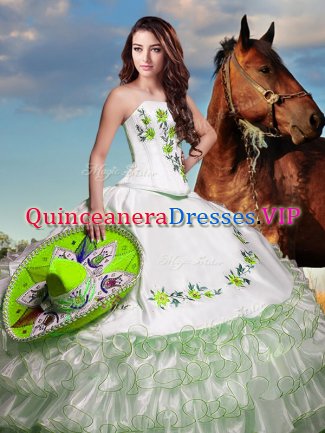 Fine Sleeveless Organza Floor Length Lace Up Quinceanera Gown in White with Embroidery and Ruffled Layers