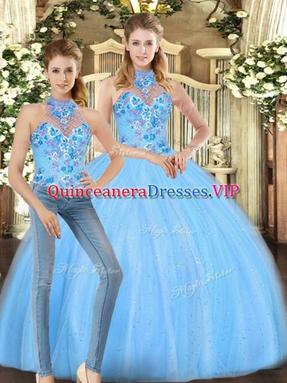 Admirable Baby Blue Two Pieces Tulle Halter Top Sleeveless Embroidery Floor Length Lace Up Vestidos de Quinceanera - Click Image to Close